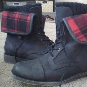 JustFab red and black plaid flannel boots